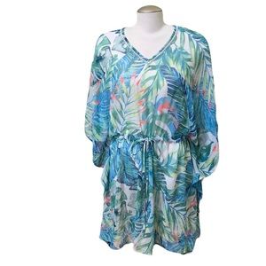 Artizan Robin Barre Blue Palm Leaf Prints Beach Cover Up Loungewear Size Small